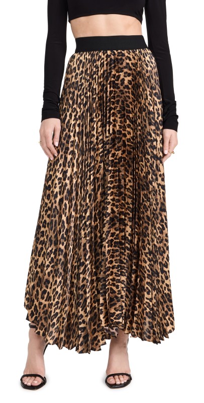 alice + olivia Katz Pleated Maxi Skirt Spotted Leopard Dark Tan