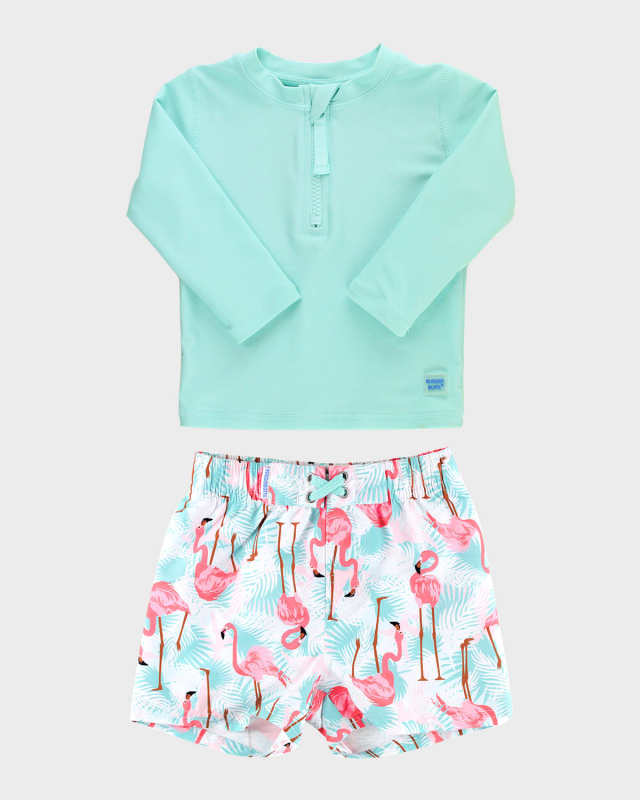 Boy's Rashguard and Flamingo Swim Trunk Set, Size 3M-8