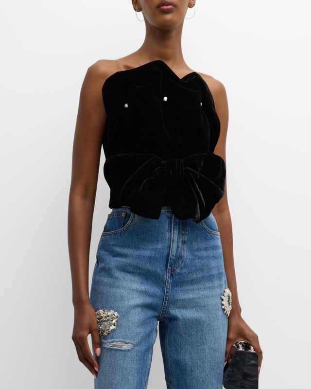 Louis Beaded Bow-Front Velvet Strapless Crop Bustier Top