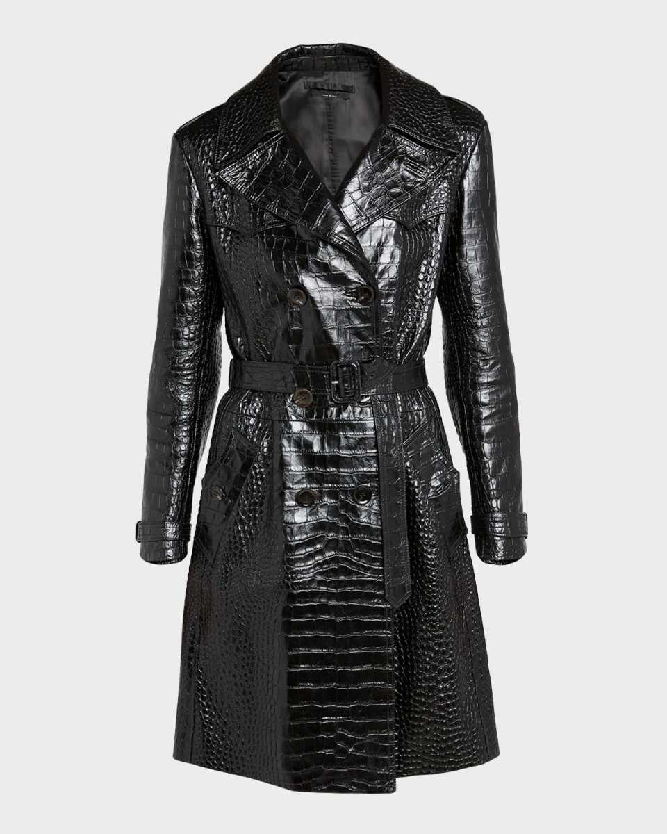Croco Embossed Belted Leather Trench Coat