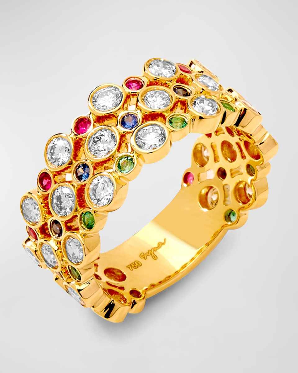18K Yellow Gold Mogul Band with Emeralds, Rubies, Blue Sapphires, and Diamonds, Size