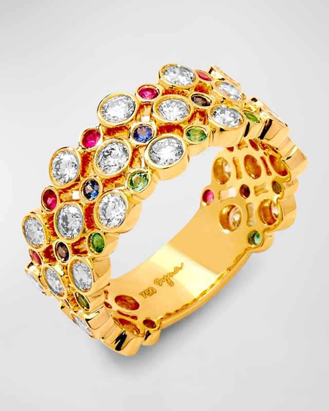 18K Yellow Gold Mogul Band with Emeralds, Rubies, Blue Sapphires, and Diamonds, Size
