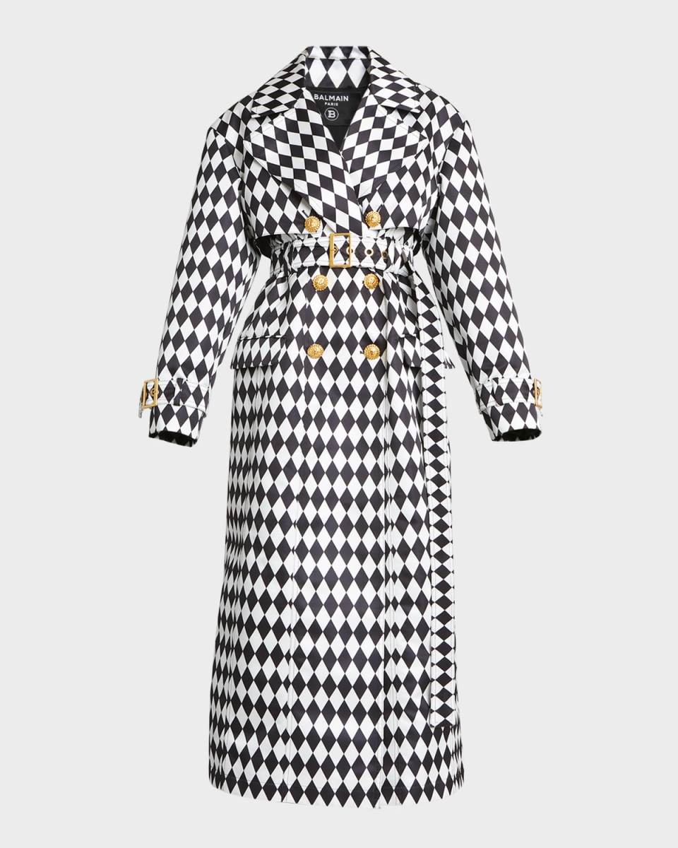 Diamond Print Belted Trench Coat with Gold-Tone Buttons