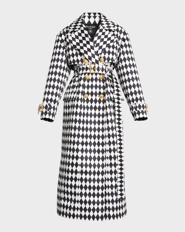 Diamond Print Belted Trench Coat with Gold-Tone Buttons