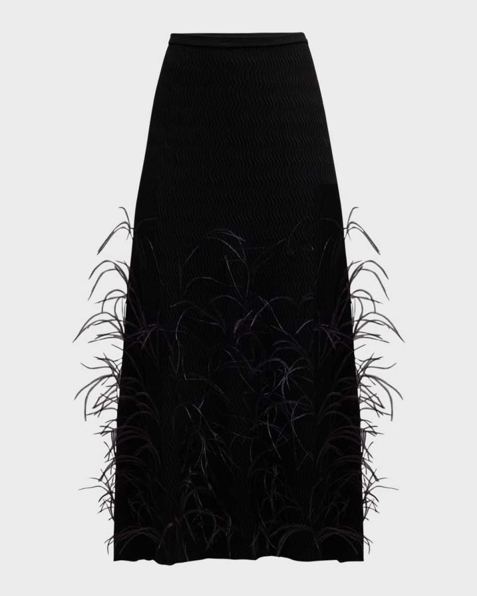 Feather-Embellished Wavy Matte Crepe Midi Skirt