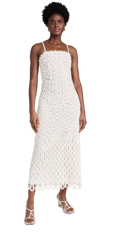 SIMKHAI Elise Cage Crochet Embroidery Midi Dress White