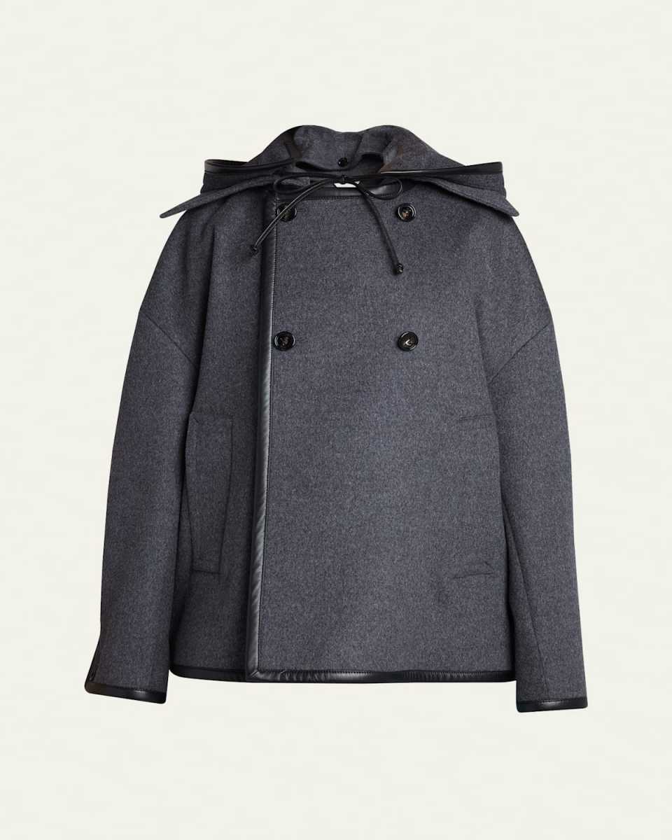 Double-Breasted Leather Trim Hooded Wool Coat