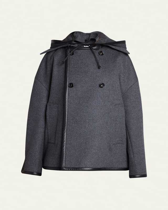Double-Breasted Leather Trim Hooded Wool Coat