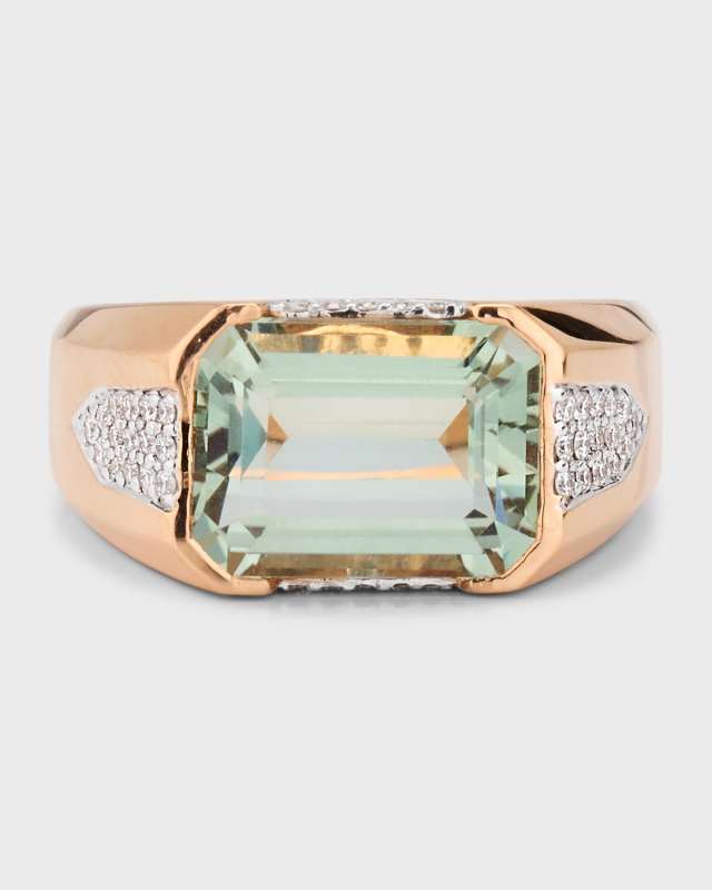 18K White and Rose Gold Emerald Cut Green Amethyst Ring with Pave Diamonds, Size 6.5