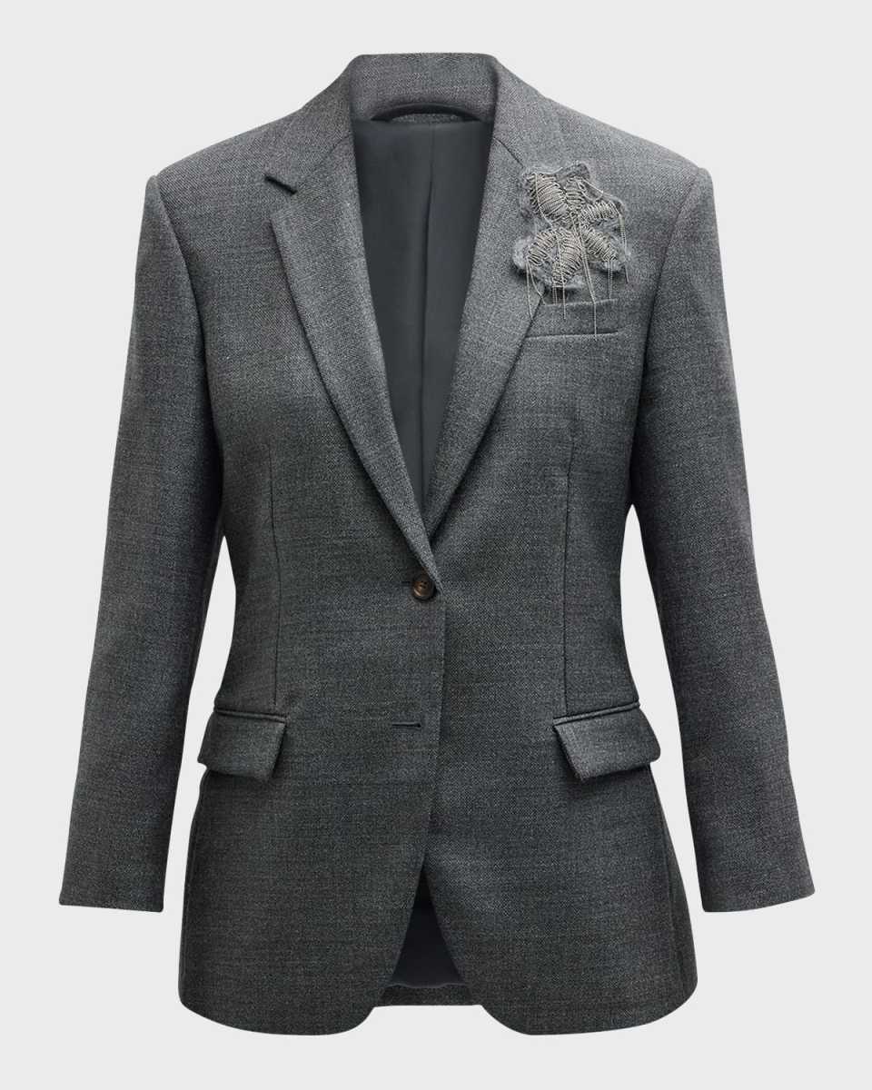 Monili Floral Crest Single-Breasted Canvas Wool Jacket