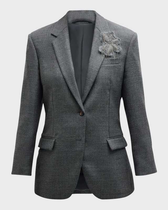 Monili Floral Crest Single-Breasted Canvas Wool Jacket