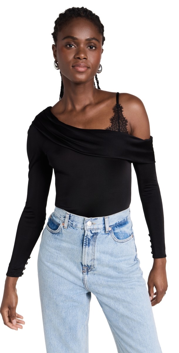 Night Night by Jonathan Simkhai Nadia One Shoulder Thong Bodysuit Black