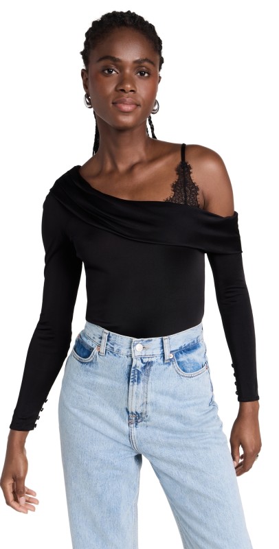 Night Night by Jonathan Simkhai Nadia One Shoulder Thong Bodysuit Black
