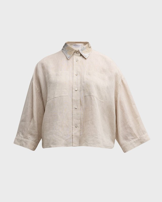 Magnolia Pailllette Embroidered-Collar Linen Relaxed Boxy Blous