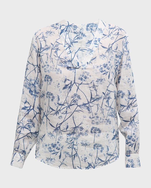 Floral-Print V-Neck Linen Blouse