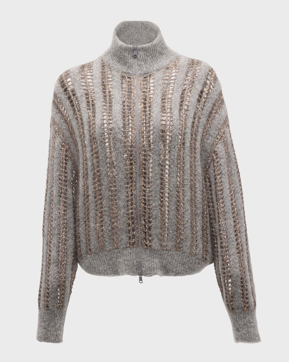 Mohair Wool Lattice Knit Zip-Up Cardigan with Paillette Detail
