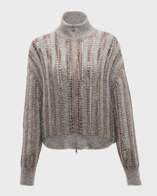 Mohair Wool Lattice Knit Zip-Up Cardigan with Paillette Detail