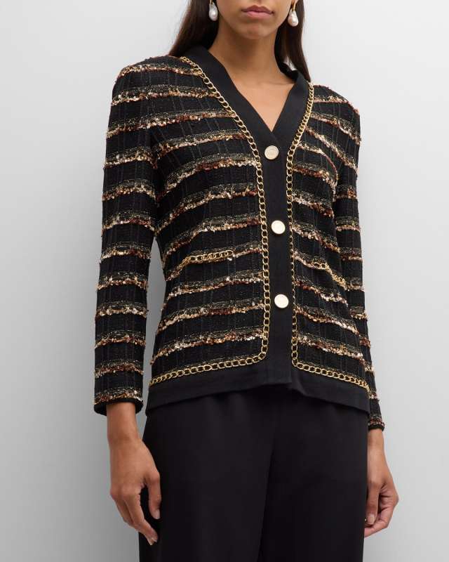 Chain-Trim Fringe Knit Cardigan