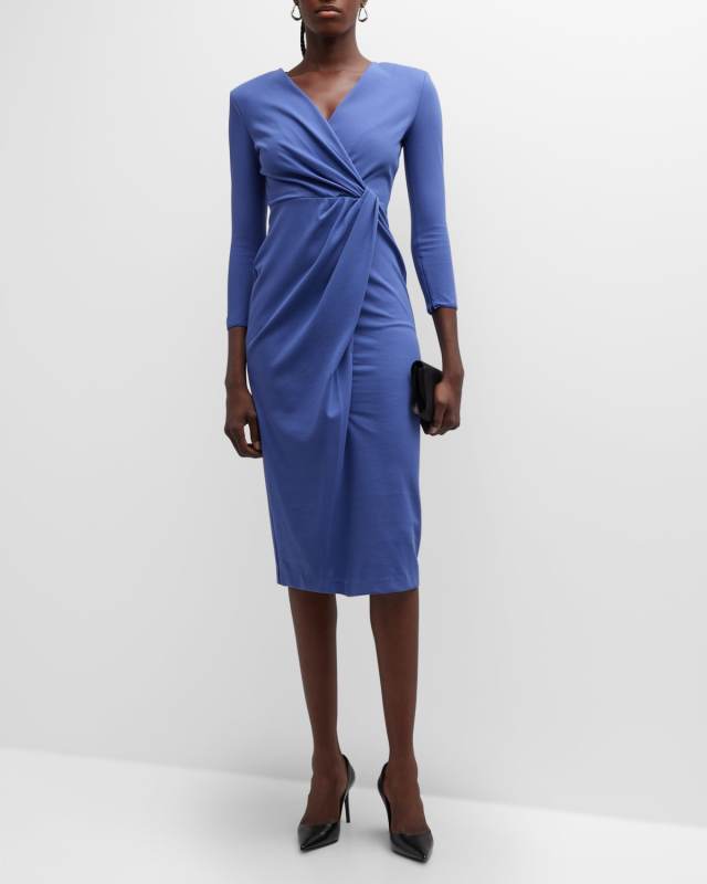 Draped Strong-Shoulder Jersey Midi Dress