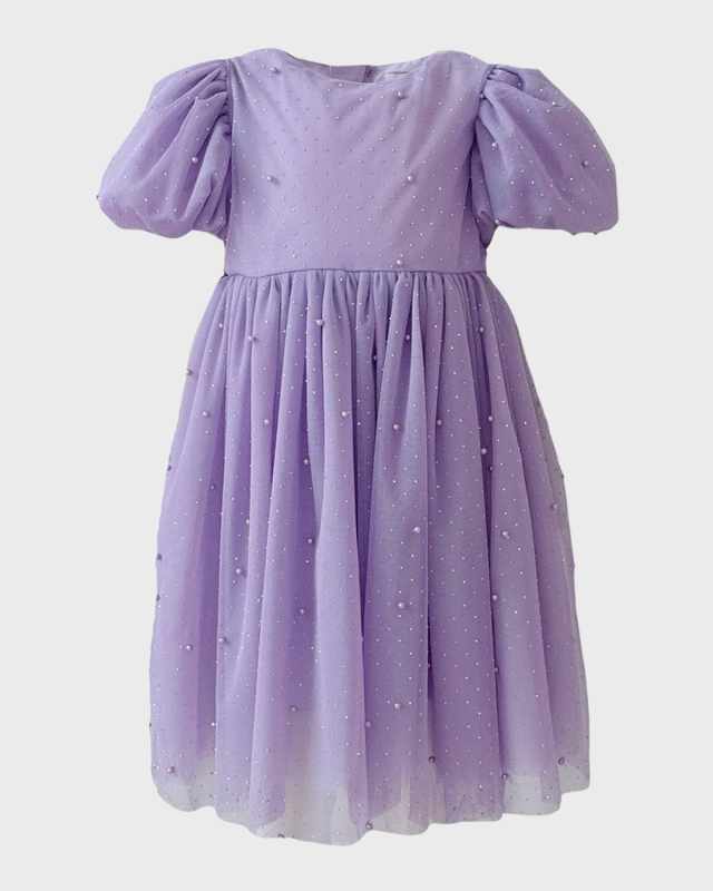 Girl's Lavender Crystal Pearl Tulle Dress, Size 2-14