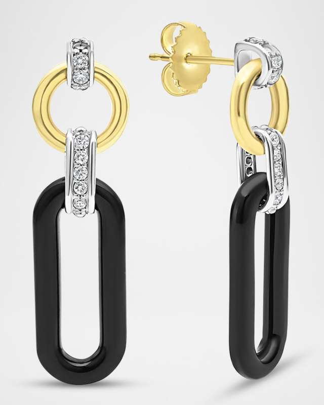 18K Gold Signature Caviar and Black Ceramic Diamond Drop Earrings, 32mm x 9mm