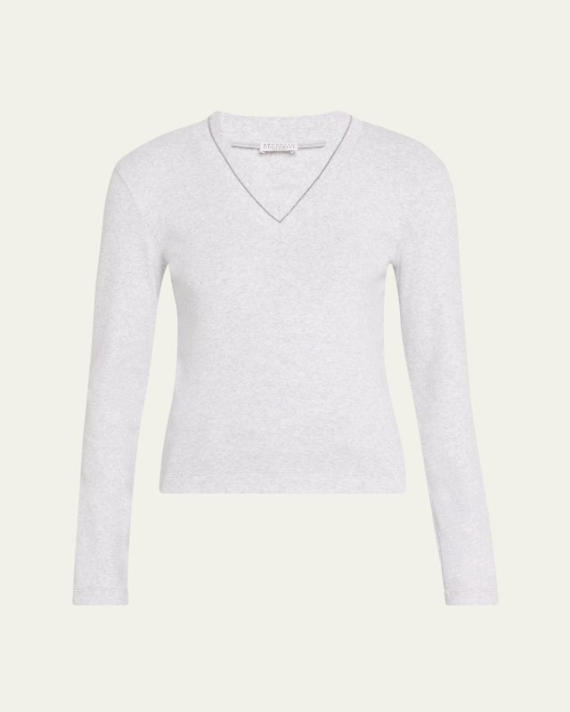 Cotton Ribbed Knit Top with Monili Detai