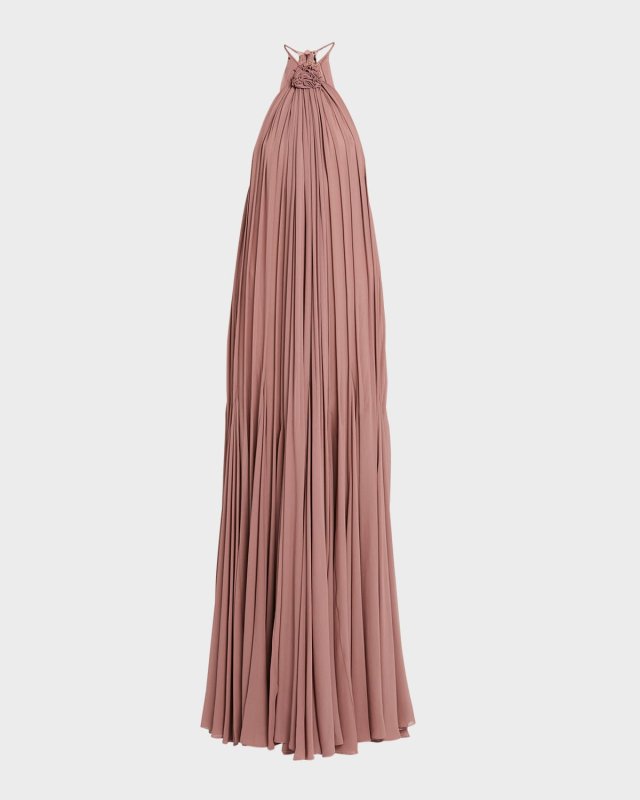 Pleated Gown with Floral Applique Detail