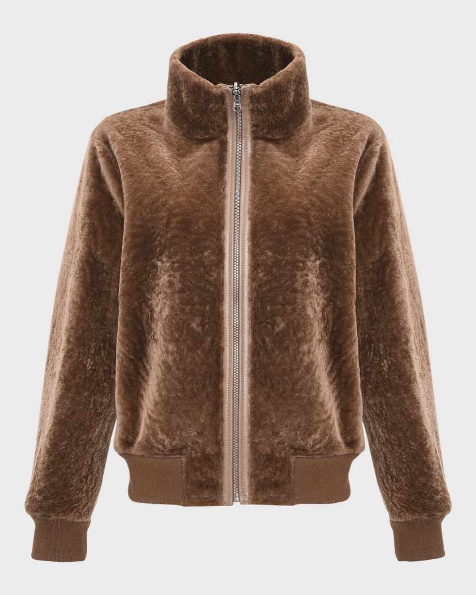 Reversible Textured Shearling Lamb Bomber Jacket