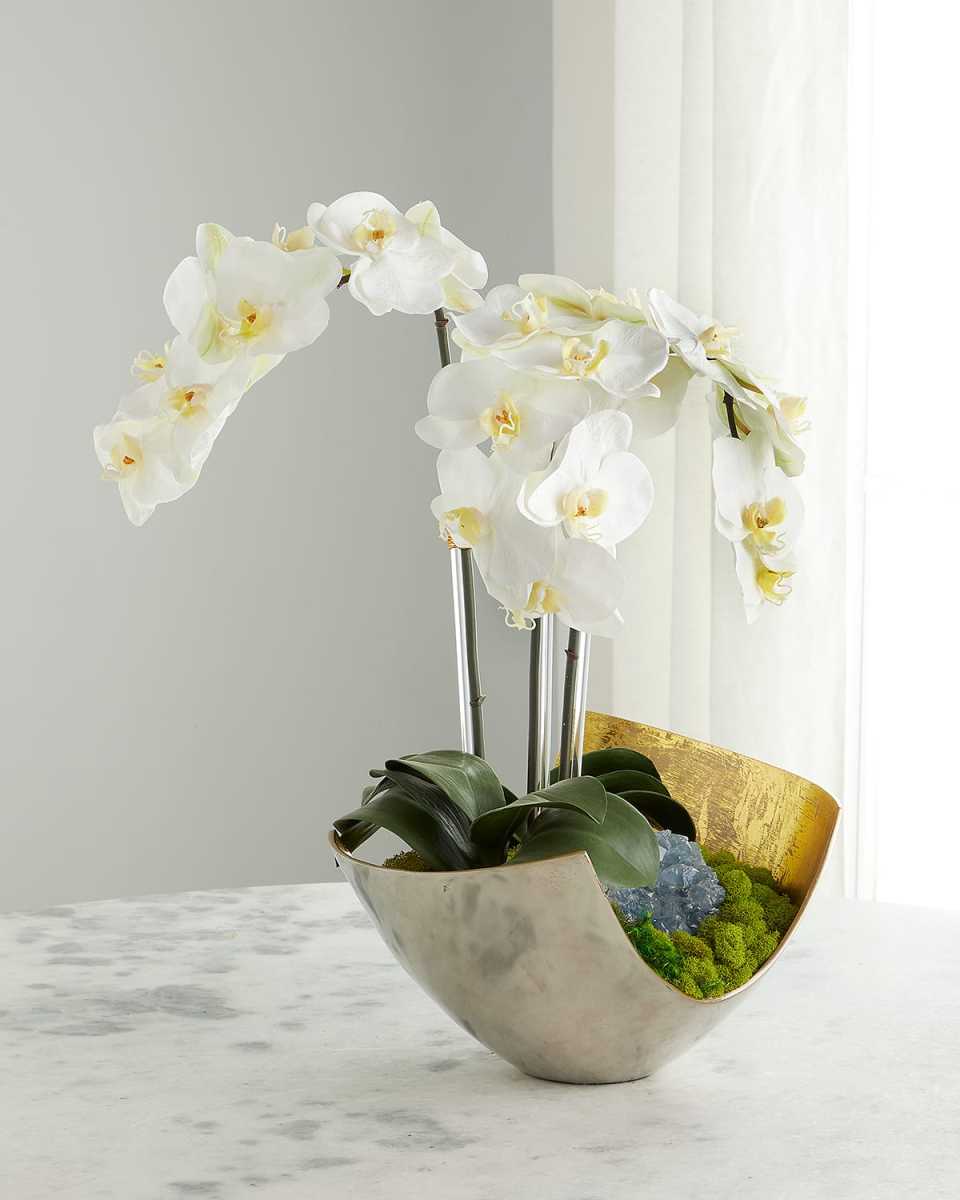 Faux Floral Orchids and Blue Celestite with Contemporary Scoop Vase