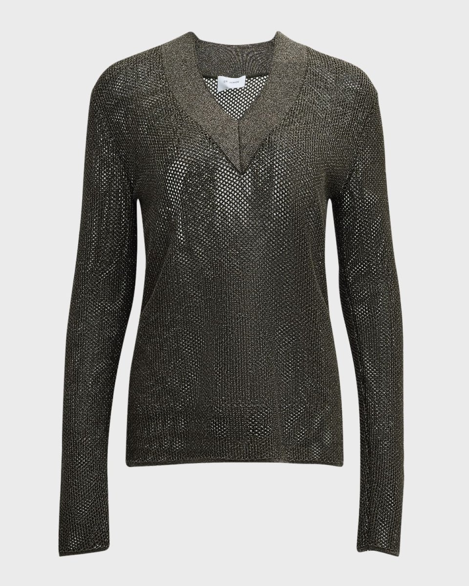 Metallic Honeycomb Knit V-Neck Sweater
