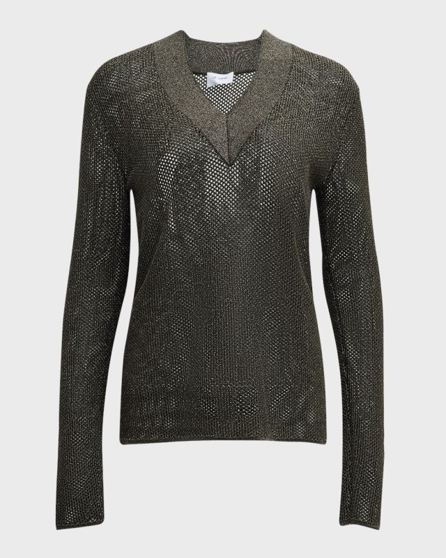 Metallic Honeycomb Knit V-Neck Sweater