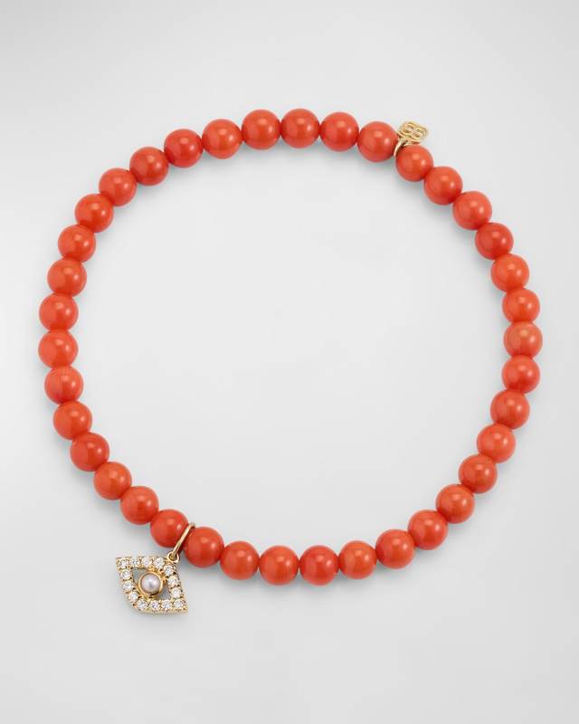 14K Large Evil Eye Charm on Peach Coral Bracelet