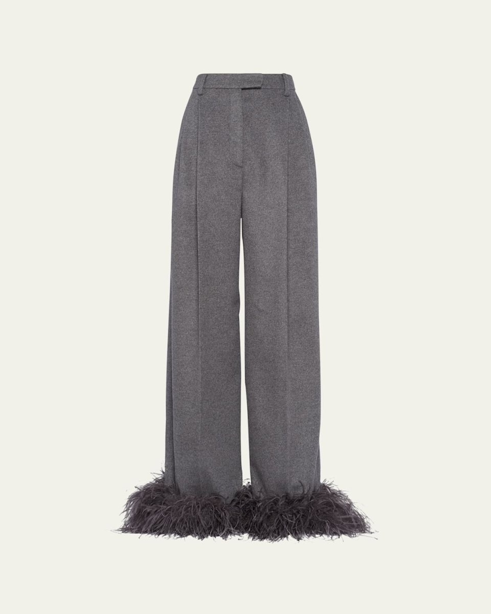Feather-Cuff Cashmere Pants, Gray