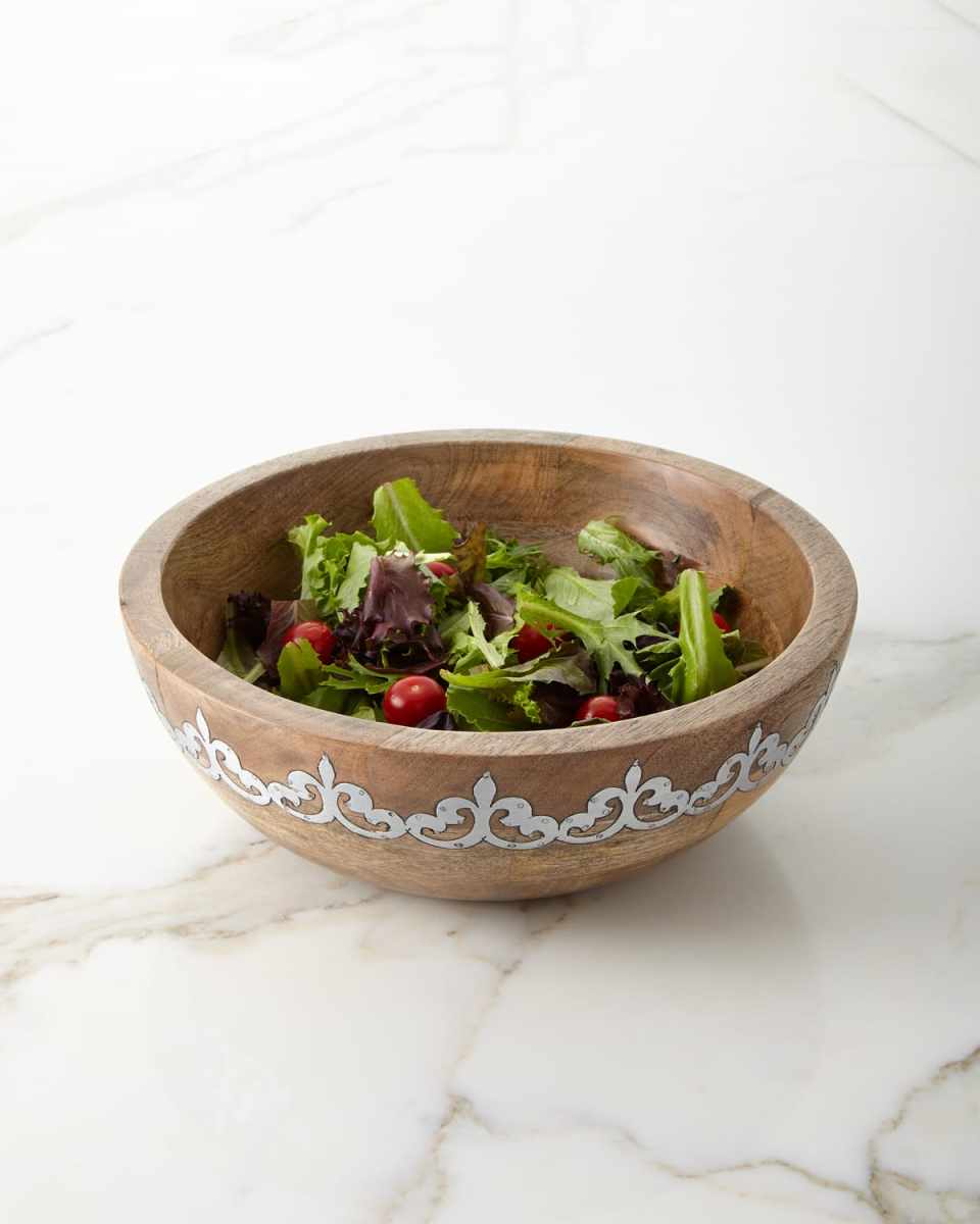 Mango Wood Wide Serving Bowl with Metal Inlay