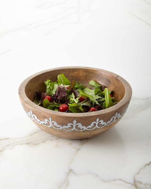 Mango Wood Wide Serving Bowl with Metal Inlay
