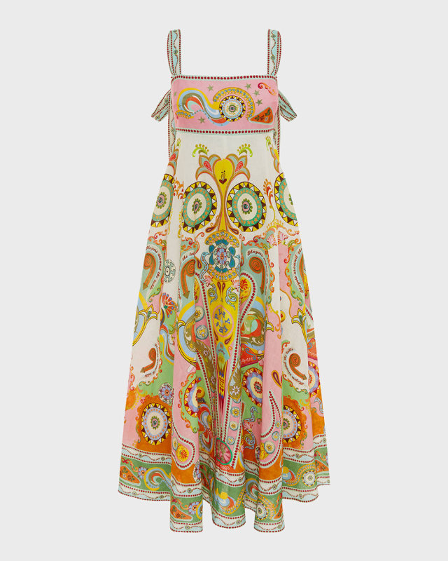 Pinball Paisley Linen Tie-Strap Midi Dress