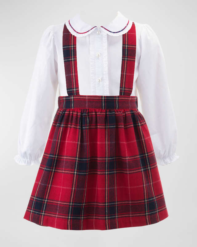 Girl's Tartan Flannel Two-Piece Pinafore Set, Size 2-10