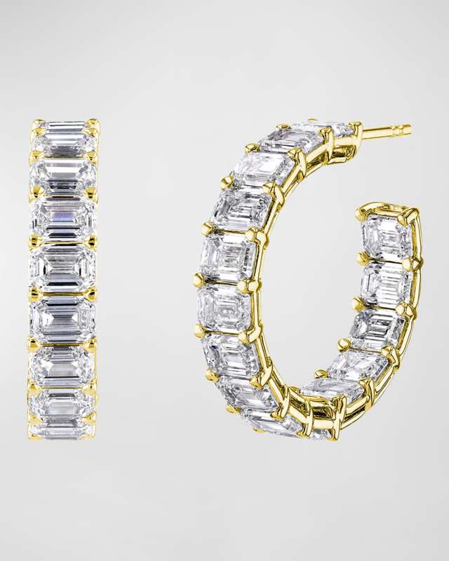 18K Gold East-West Emerald-Cut Diamond Hoop Earrings, 9tcw/1"L