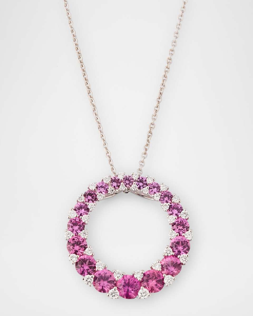 Rainbow 18K White Gold Ombré Circle Pink Sapphire and Diamond Pendant Necklace