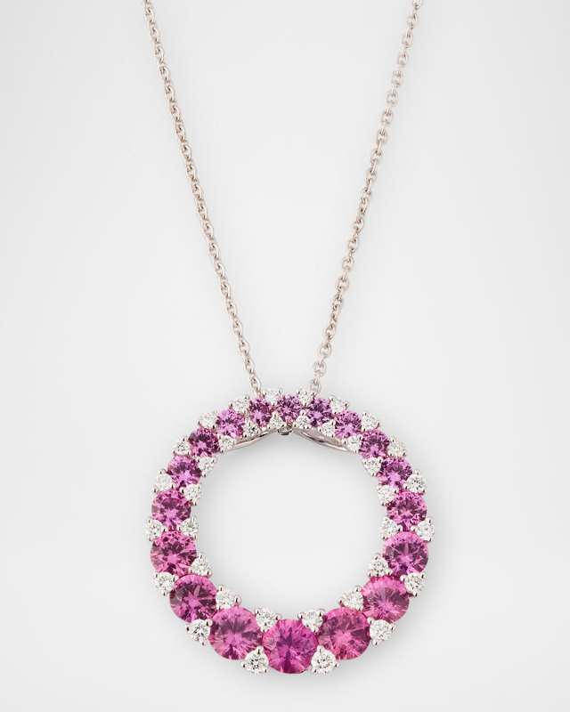 Rainbow 18K White Gold Ombré Circle Pink Sapphire and Diamond Pendant Necklace