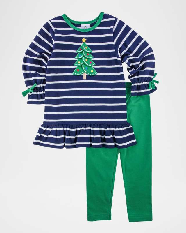 Girl's Striped Christmas Tree Top & Leggings Set, Size 2-6