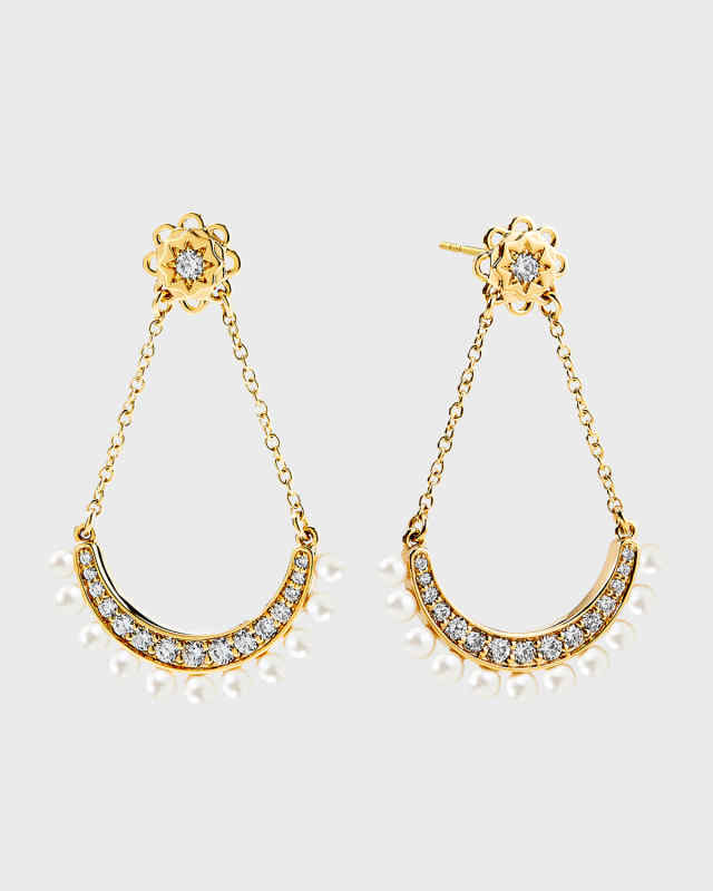 Yellow Gold Mogul Earrings with Pearls and Champagne Diamonds