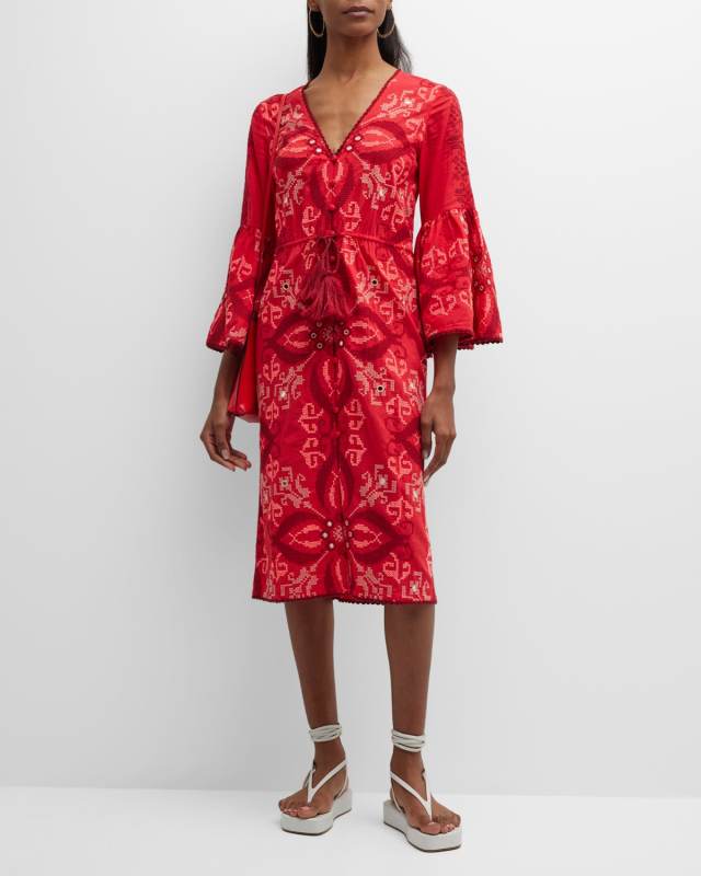Minette Cross-Stitch Embroidered Midi Dress