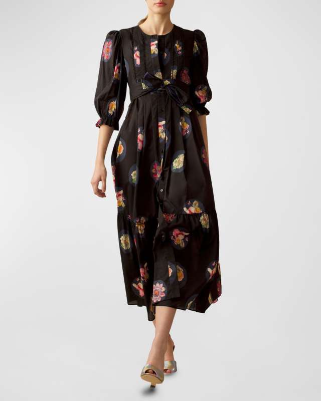 Pintuck Floral-Print Blouson-Sleeve Midi Dress