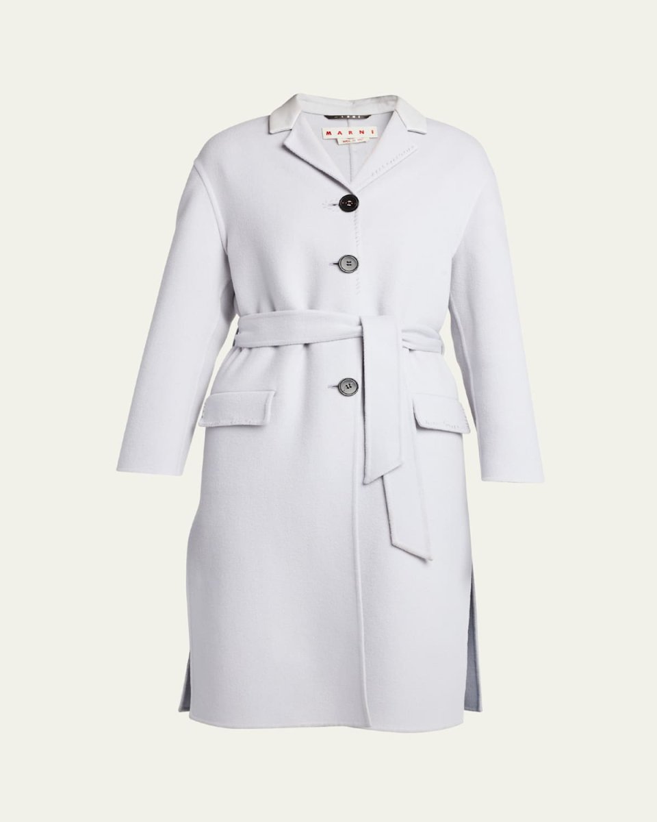Leather-Collar Belted Single-Breasted Cashmere Long Coat
