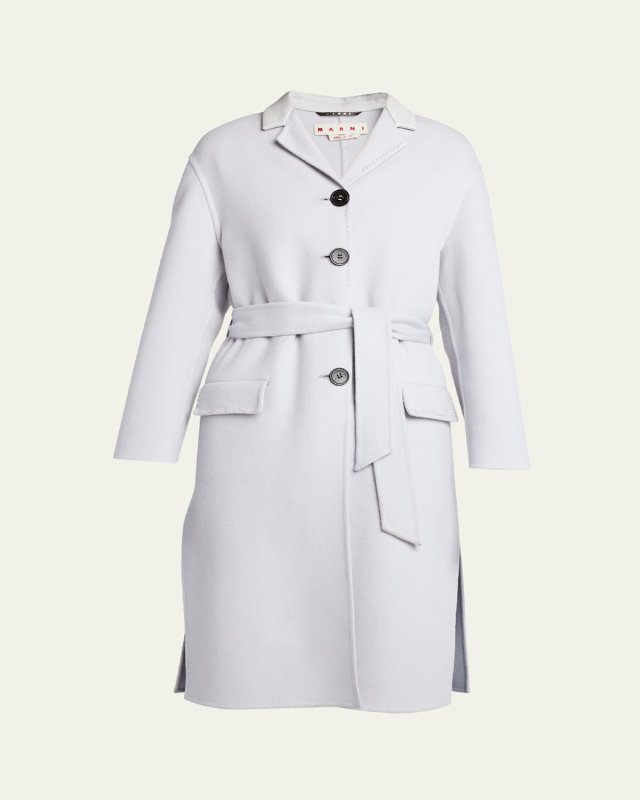 Leather-Collar Belted Single-Breasted Cashmere Long Coat