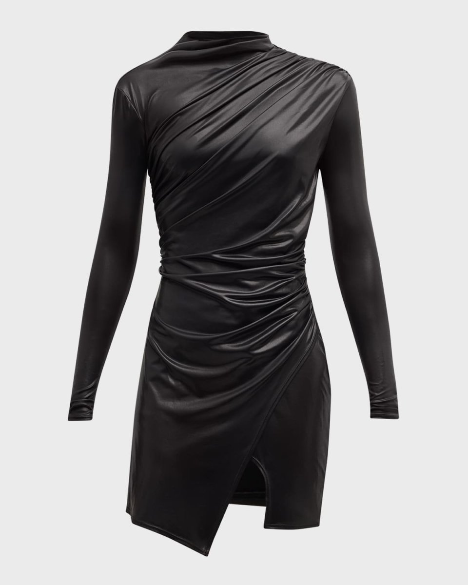 Coated Jersey Draped Long-Sleeve Mini Dress