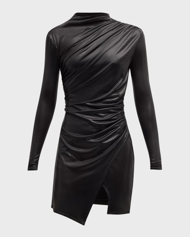 Coated Jersey Draped Long-Sleeve Mini Dress