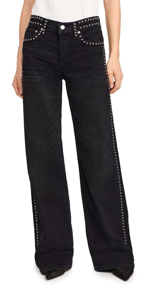 RE/DONE Studded Mid Rise Wide Leg Jeans Crafted Black Stud
