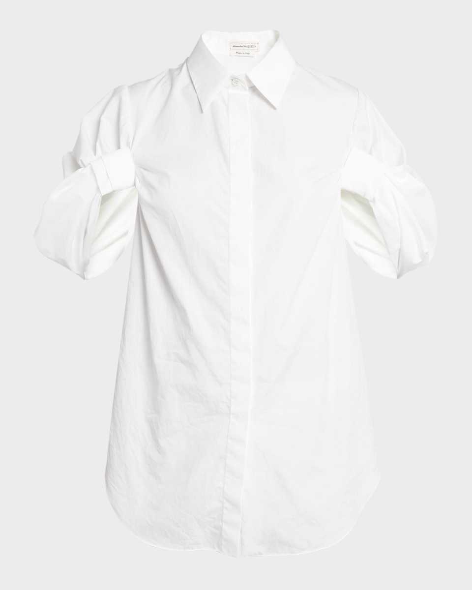 Ruched Puff-Sleeve Button-Front Blouse